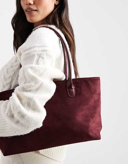 Glamorous Large Faux Suede Shoulder Bag With PU Straps In Burgundy