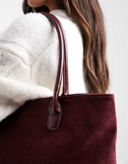 Glamorous Large Faux Suede Shoulder Bag With PU Straps In Burgundy