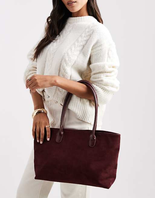 Glamorous large faux suede shoulder bag with PU straps in burgundy