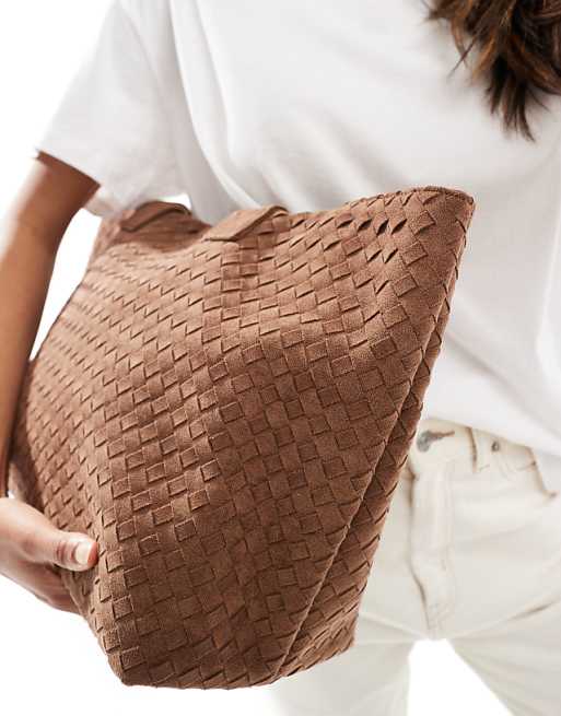 Glamorous Large Faux Suede Woven Shoulder Bag In Light Brown