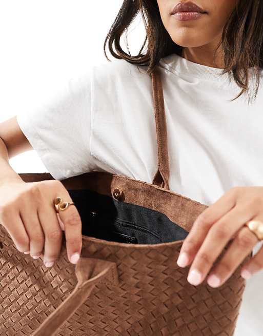 Glamorous Large Faux Suede Woven Shoulder Bag In Light Brown