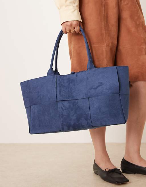 Glamorous Large Woven Faux Suede Tote Bag In Dark Blue