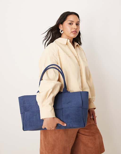 Glamorous large woven faux suede tote bag in dark blue