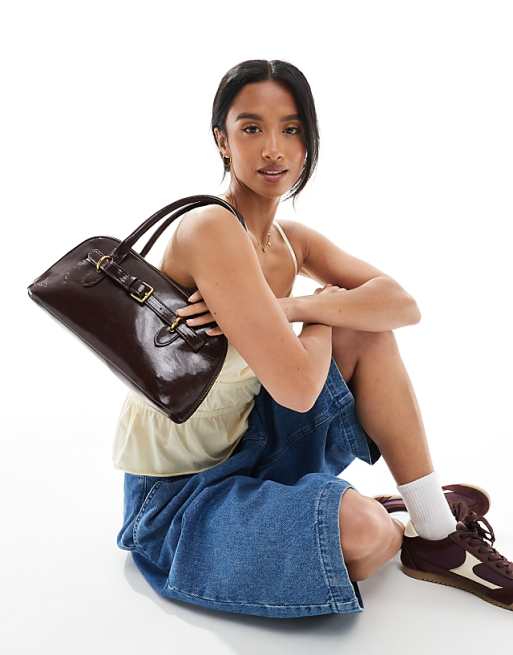 Glamorous Long Shoulder Bag With Belt Detail In Burgundy