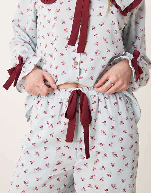 Glamorous Long Sleeve Top And Bottoms In Blue Stripe Pyjama Set