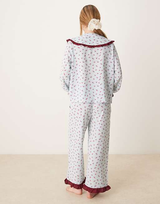 Glamorous Long Sleeve Top And Bottoms In Blue Stripe Pyjama Set