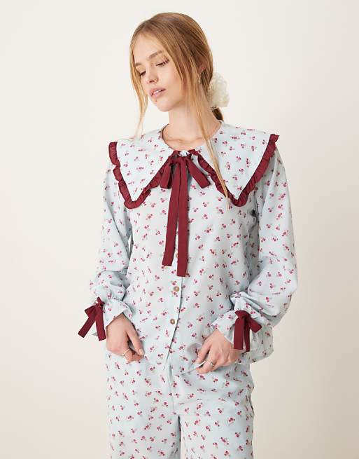 Glamorous Long Sleeve Top And Bottoms In Blue Stripe Pyjama Set