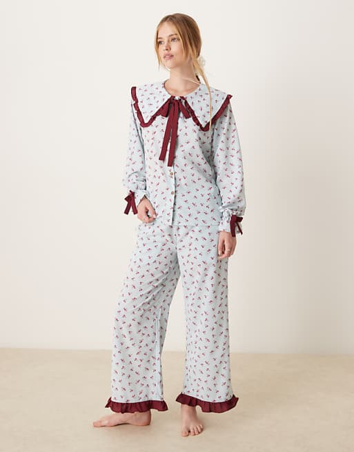 Glamorous long sleeve top and bottoms in blue stripe pyjama set