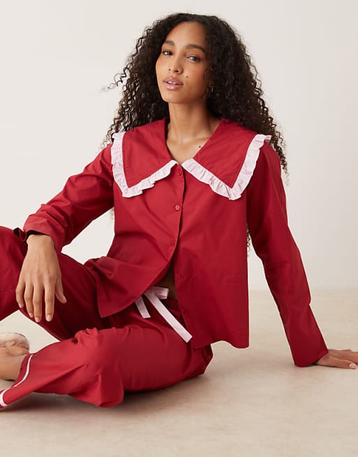Glamorous Ruffle Pyjama Shirt And Trouser In Red With Pink Contrasting