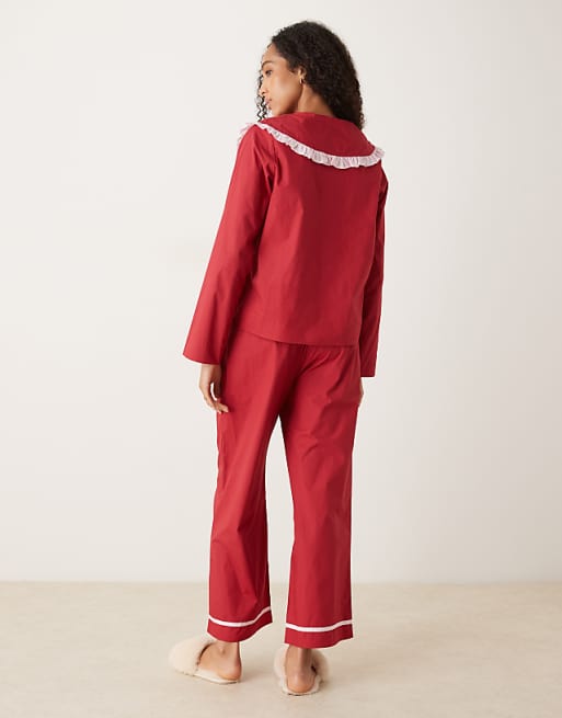 Glamorous Ruffle Pyjama Shirt And Trouser In Red With Pink Contrasting