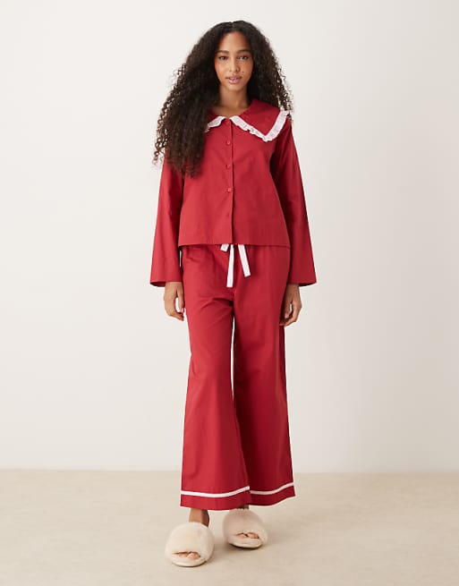 Glamorous ruffle pyjama shirt and trouser in red with pink contrasting