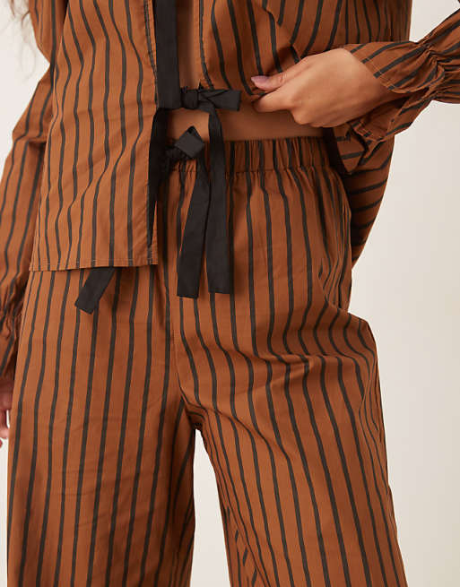 Glamorous Stripe Shirt And Trouser Pyjama Set In Black Brown Stripe