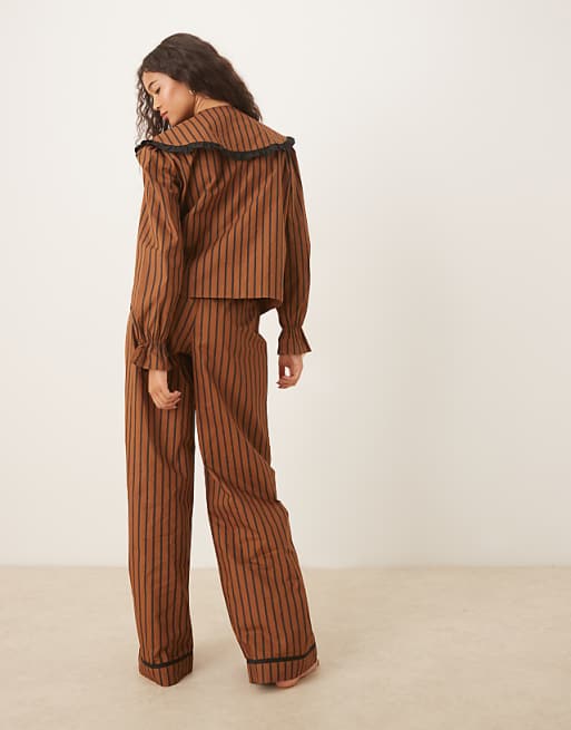 Glamorous Stripe Shirt And Trouser Pyjama Set In Black Brown Stripe