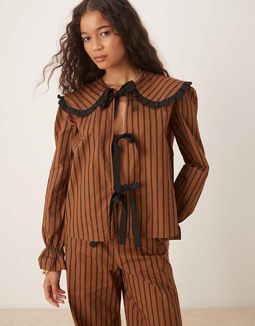 Glamorous Stripe Shirt And Trouser Pyjama Set In Black Brown Stripe