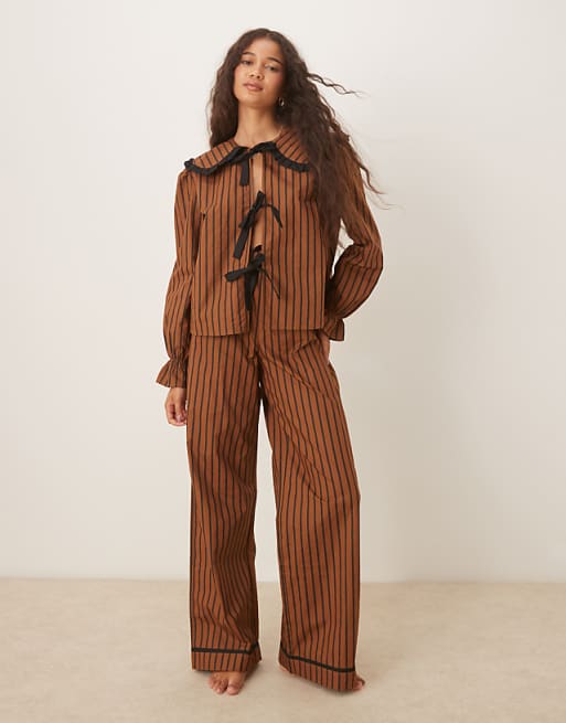 Glamorous stripe shirt and trouser pyjama set in black brown stripe