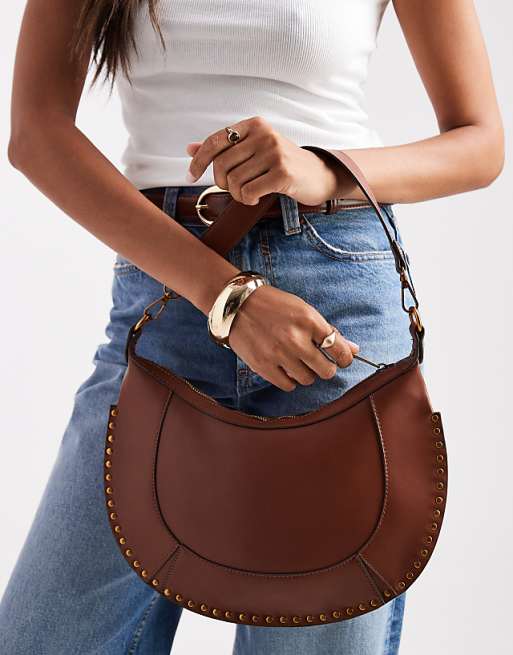 Glamorous stud detail shoulder bag in brown