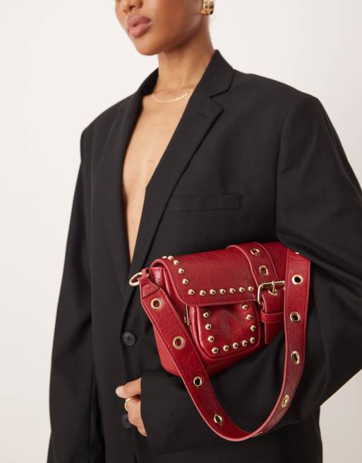 Glamorous Studded Pocket Detail 90s Shoulder Bag In Burgundy