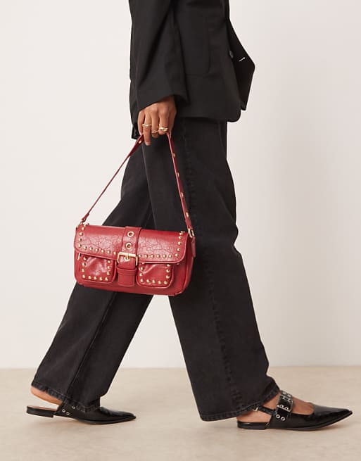 Glamorous studded pocket detail 90s shoulder bag in burgundy