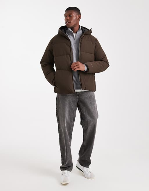 Jack & Jones Hooded Puffer Jacket In Brown