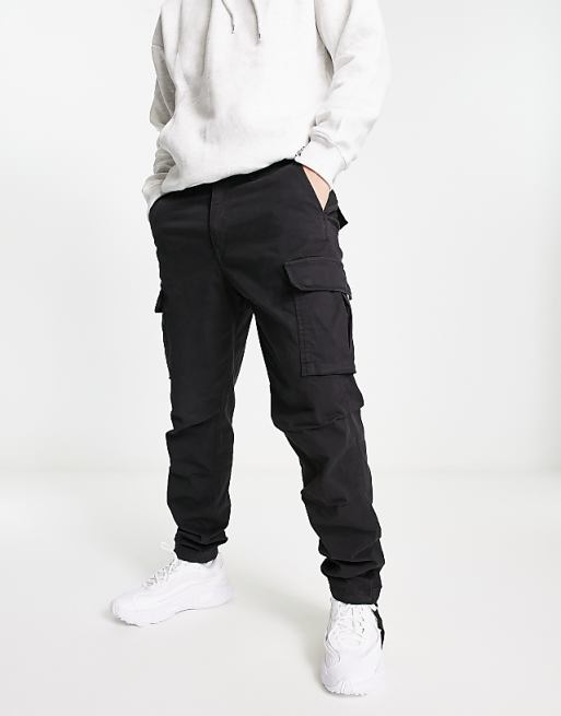 Jack & Jones Intelligence tapered fit washed cargo trouser in black
