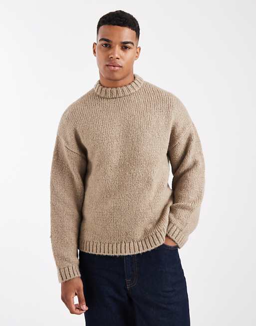 Jack & Jones Oversized Crew Neck Fluffy Yarn Jumper In Beige