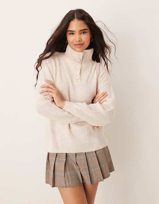 JDY Button Detail High Neck Knitted Jumper In Stone