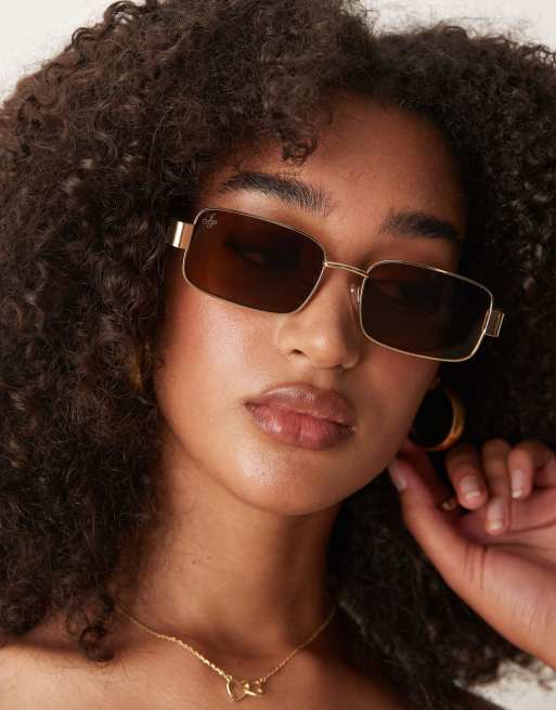 Jeepers Peepers Rectangular Metal Sunglasses In Gold With Brown Lens