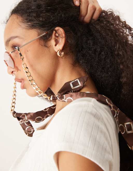 Jeepers Peepers Scarf Print Bandana Sunglasses Chain In Cream