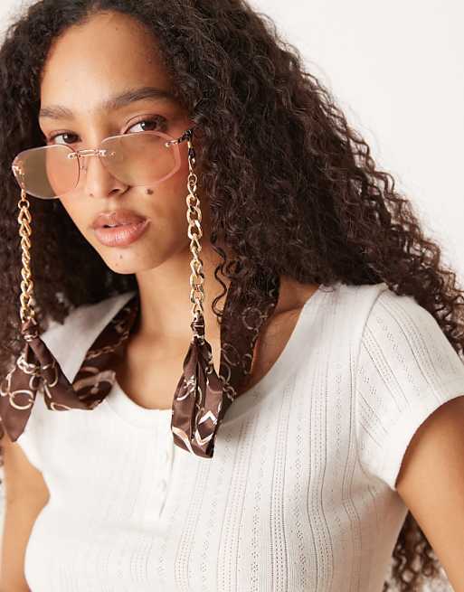 Jeepers Peepers scarf print bandana sunglasses chain in cream
