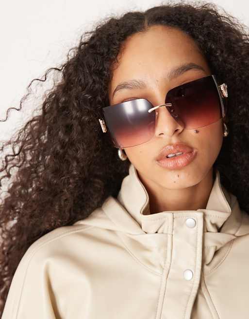 Jeepers Peepers Y2K rimless oversized square metal sunglasses with embellished detail in rose gold