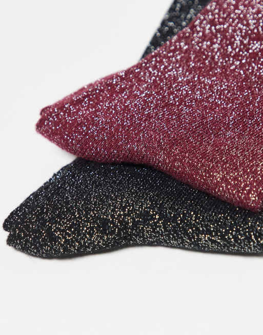 JJXX 2 Pack Glitter Socks In Burgundy Mix