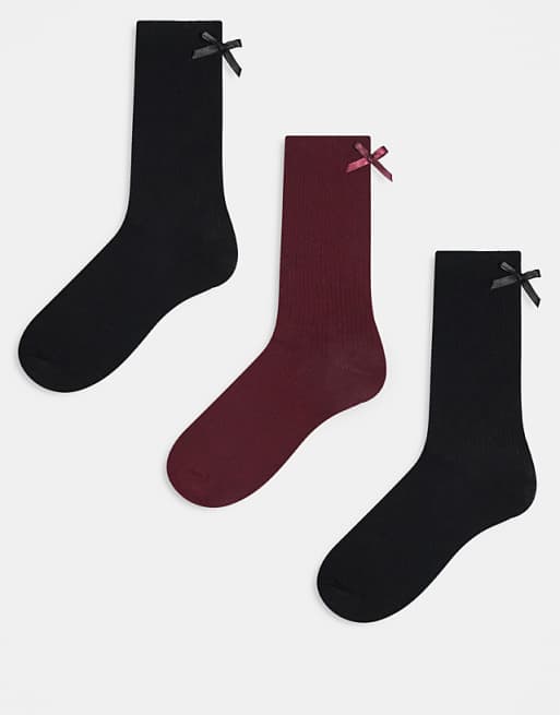 JJXX 3 pack bow socks in burgundy mix