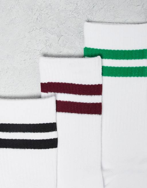 JJXX 3 Pack Sport Socks In White With Black Burgundy Green Stripe