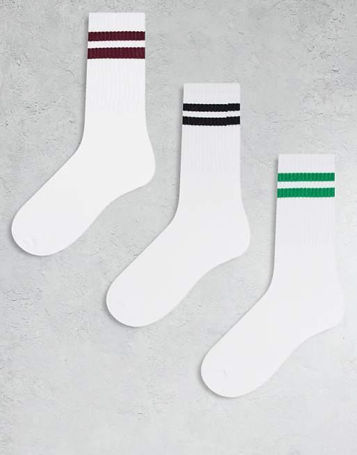 JJXX 3 pack sport socks in white with black burgundy green stripe