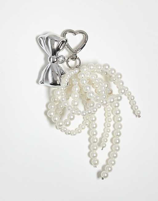 Kaiia exclusive heart carabiner pearl and chrome bow bag charm in silver