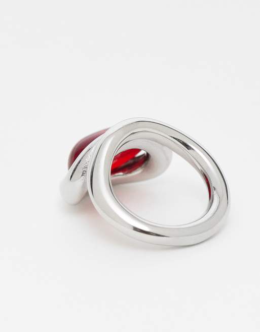 Kaiia Exclusive Stainless Steel Abstract Cocktail Ring In Silver And Red