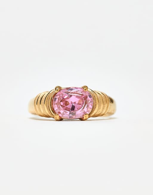 Kaiia Exclusive Stainless Steel Pink Stone Ring In Gold