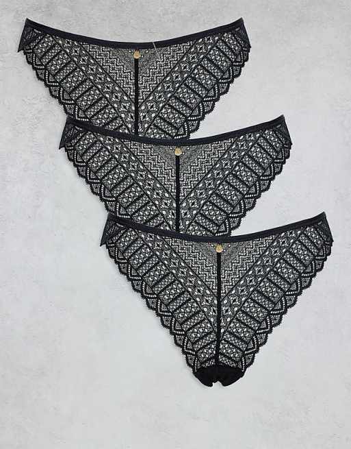 KBX lace 3 pack high leg brief in black