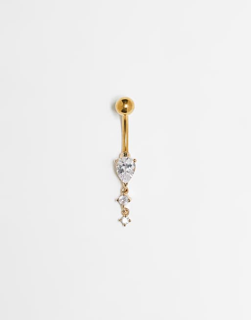 Kingsley Ryan crystal teardrop belly bar in gold plated