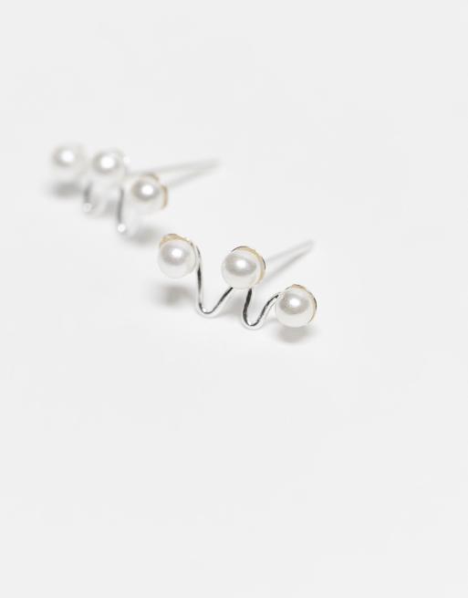 Kingsley Ryan Faux Pearl Zigzag Stud Earrings In Sterling Silver