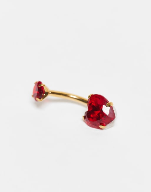 Kingsley Ryan Gold Plated Red Gem Set Heart Belly Bar
