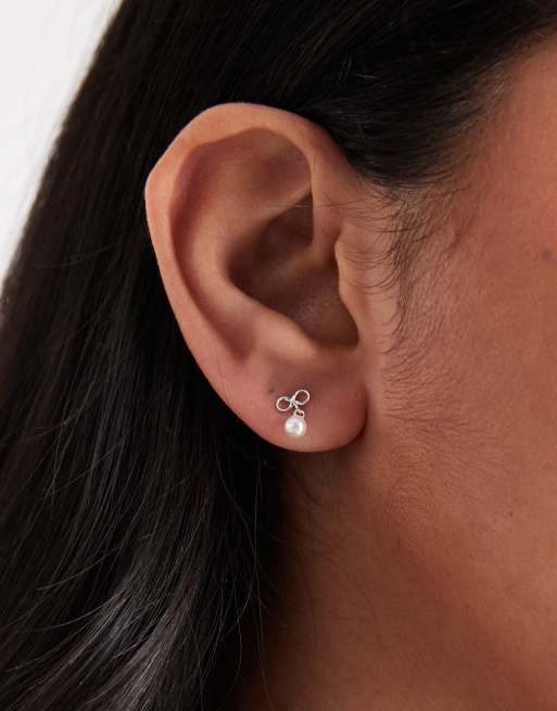 Kingsley Ryan Pearl Drop Bow Stud Earrings In Sterling Silver