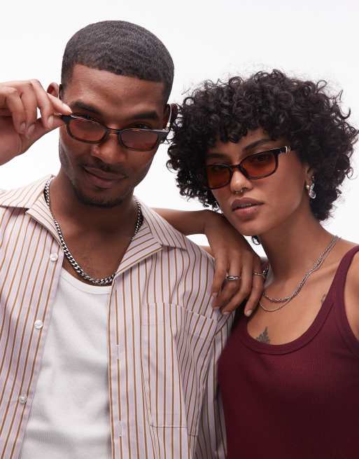 Le Specs Confidential Slim Rectangular Sunglasses In Dark Tort With Amber Lens