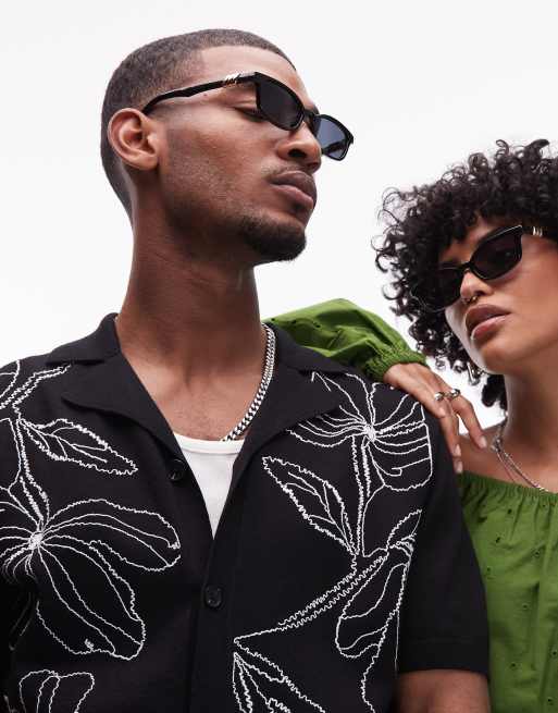 Le Specs Confidential Slim Rectangular Sunglasses In Black And Smoke Mono