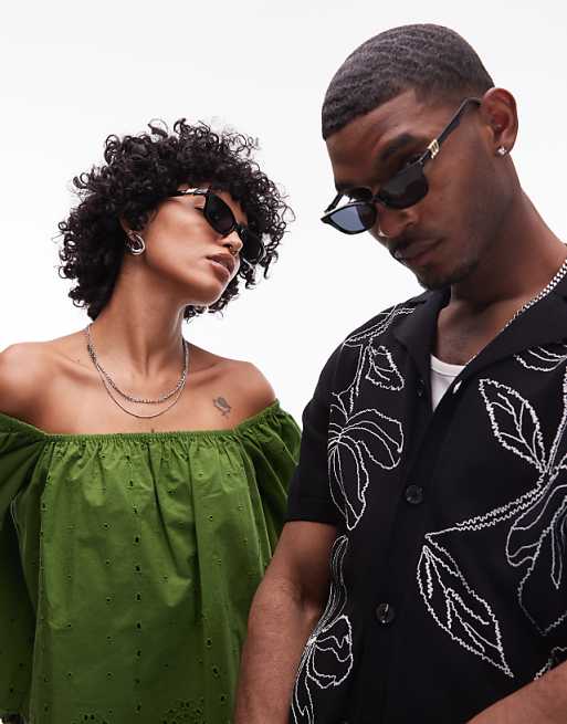 Le Specs confidential slim rectangular sunglasses in black and smoke mono