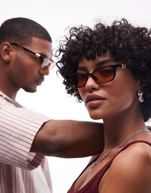 Le Specs confidential slim rectangular sunglasses in dark tort with amber lens