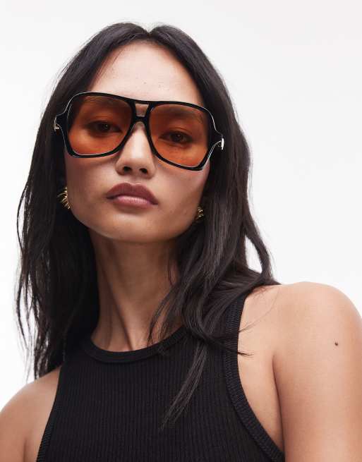 Le Specs Fortune Teller Oversized Aviator Sunglasses In Black With Amber Lens
