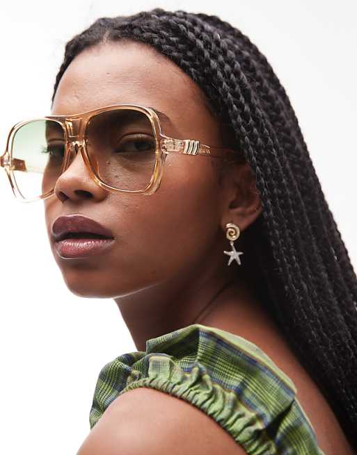 Le Specs fortune teller oversized aviator sunglasses in sand with green gradient lens