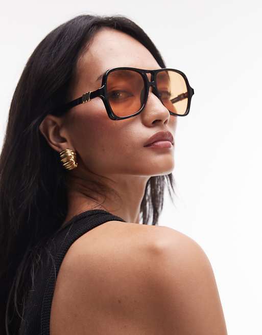 Le Specs fortune teller oversized aviator sunglasses in black with amber lens