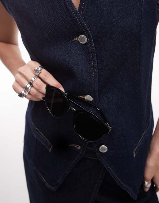 Le Specs Influx Round Sunglasses With Gold Detail In Black